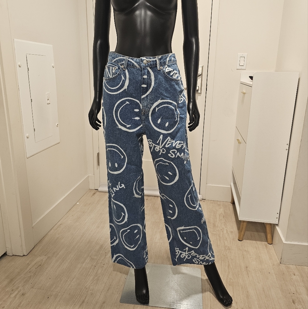 Smiley & H&M Blue Jeans Collab with White Smiley Face Print